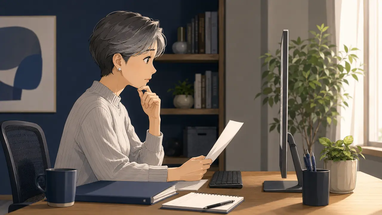 一次資料とチェック表を前に確認項目の不足へ気づくシニア投資家のイラスト
