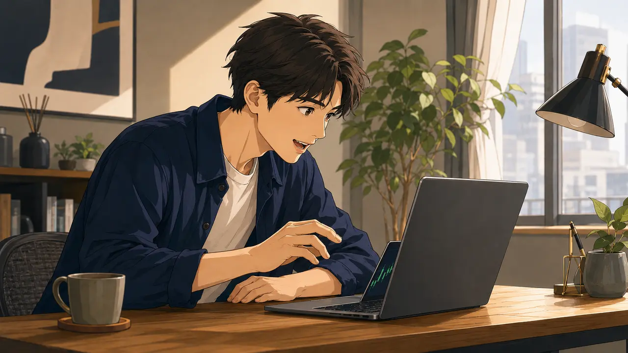 上昇する株価を見て急いで買いたくなる若い個人投資家のイラスト
