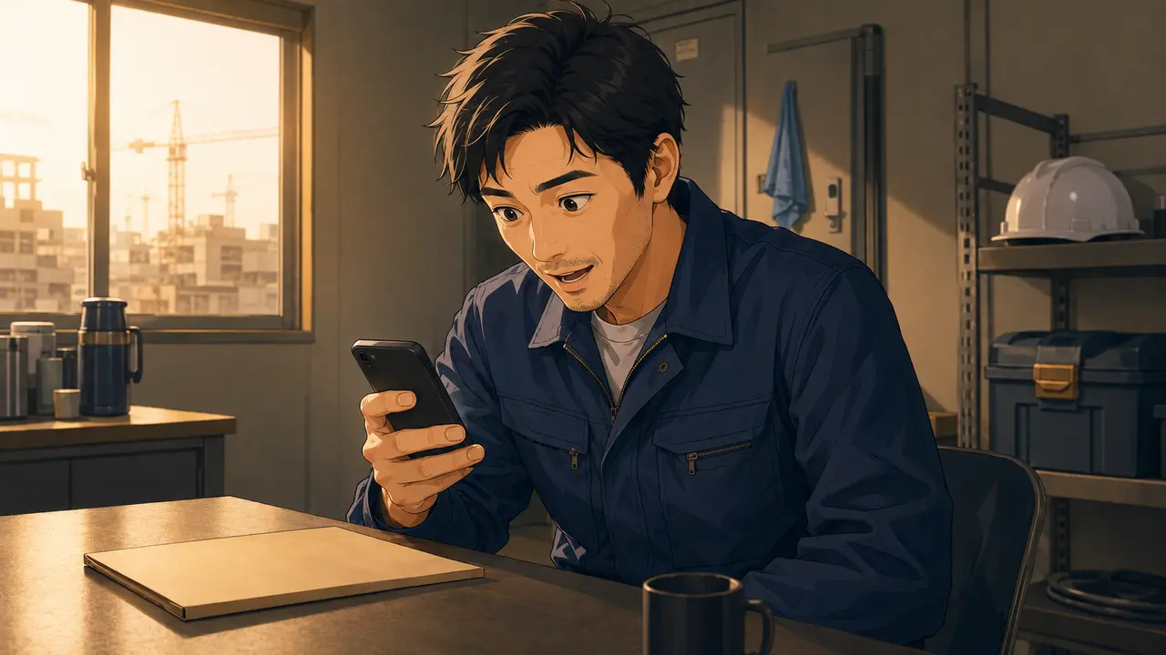スマートフォンの話題だけを見て公式資料を開いていない作業服の投資家のイラスト