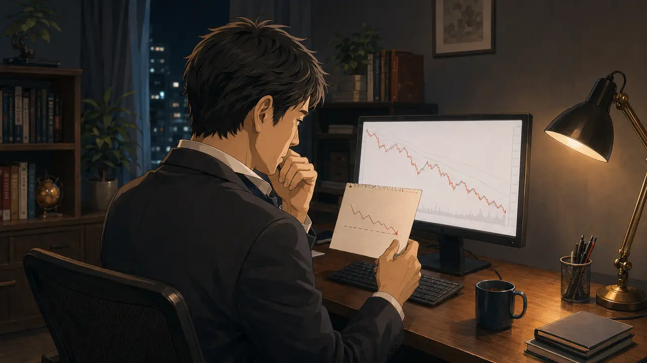 下落チャートと撤退条件を前に損切りを先送りする会社員投資家のイラスト