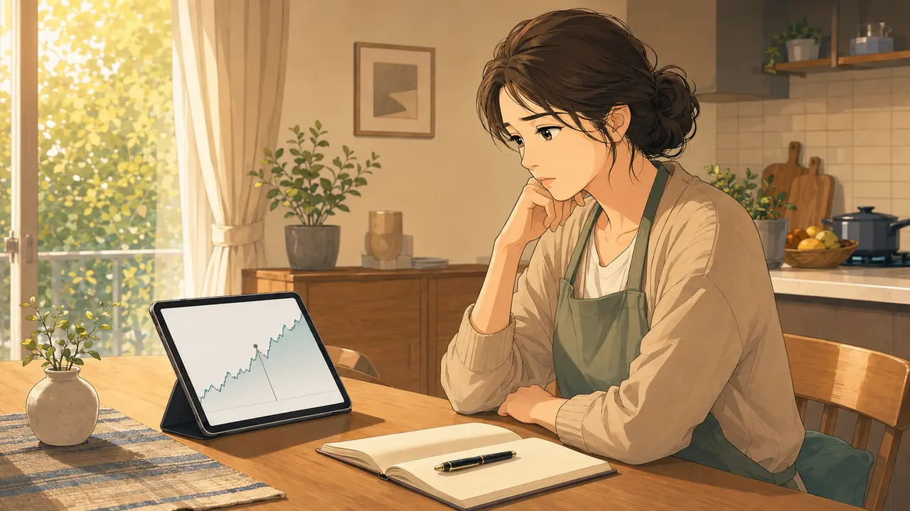 利益を守ろうとして早く売ったあとに株価を振り返る主婦投資家のイラスト